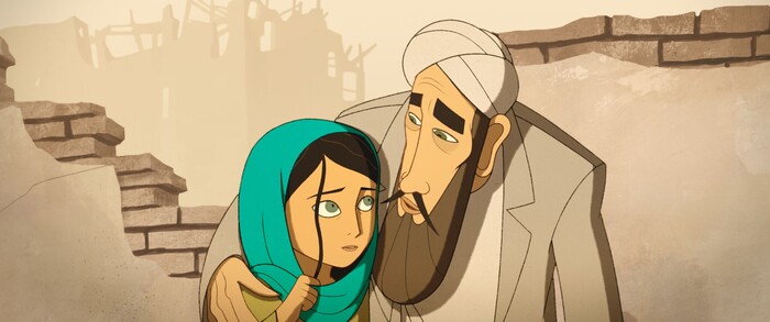 (photo courtesy GKids) Parwana (left, voiced by Saara Chaudry) shares a moment with her father, Nurullah (voiced by Ali Badshah), before he's arrested by the Taliban, in the animated drama "The Breadwinner."