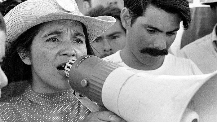 (George Ballis  |  Take Stock / The Image Works / courtesy PBS) Dolores Huerta, co-founder of the United Farm Workers, organizes marchers in Coachella, Calif., on March 2, 1969. Huerta's life is chronicled in the documentary "Dolores."