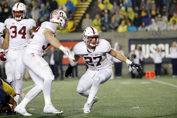 Stanford linebacker Sean Barton (27) reacts after a tackle during the second half of an NCAA college football game against California Saturday, Nov. 19, 2016, in Berkeley, Calif. (AP Photo/Marcio Jose Sanchez)