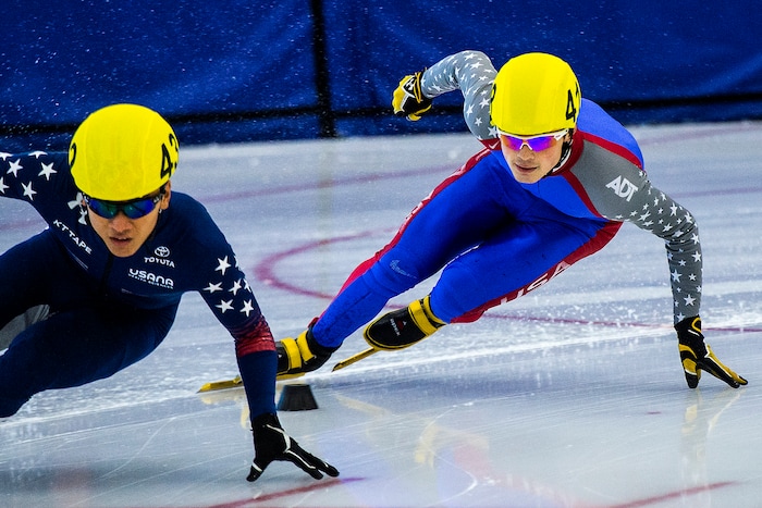 (Chris Detrick  |  The Salt Lake Tribune) John-Henry Krueger (418) and Aaron Tran (432) compete in the US Short Track Fall World Cup Qualifier at the Utah Olympic Oval Saturday, August 19, 2017. 