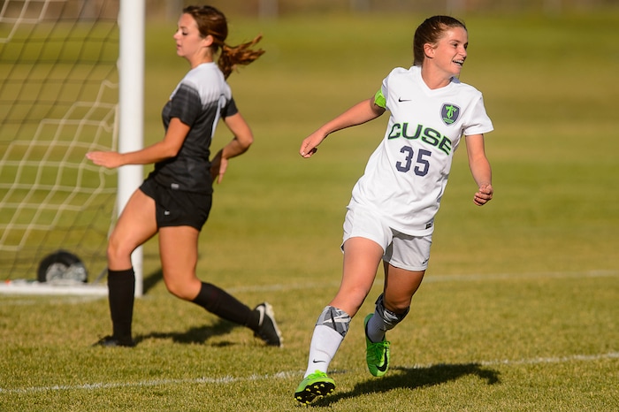 (Trent Nelson | The Salt Lake Tribune) Syracuse's Caroline Stringfellow (35) celebrates a goal in the Class 6A girls' soccer state quarterfinal between Pleasant Grove and Syracuse, in Syracuse Thursday October 12, 2017.