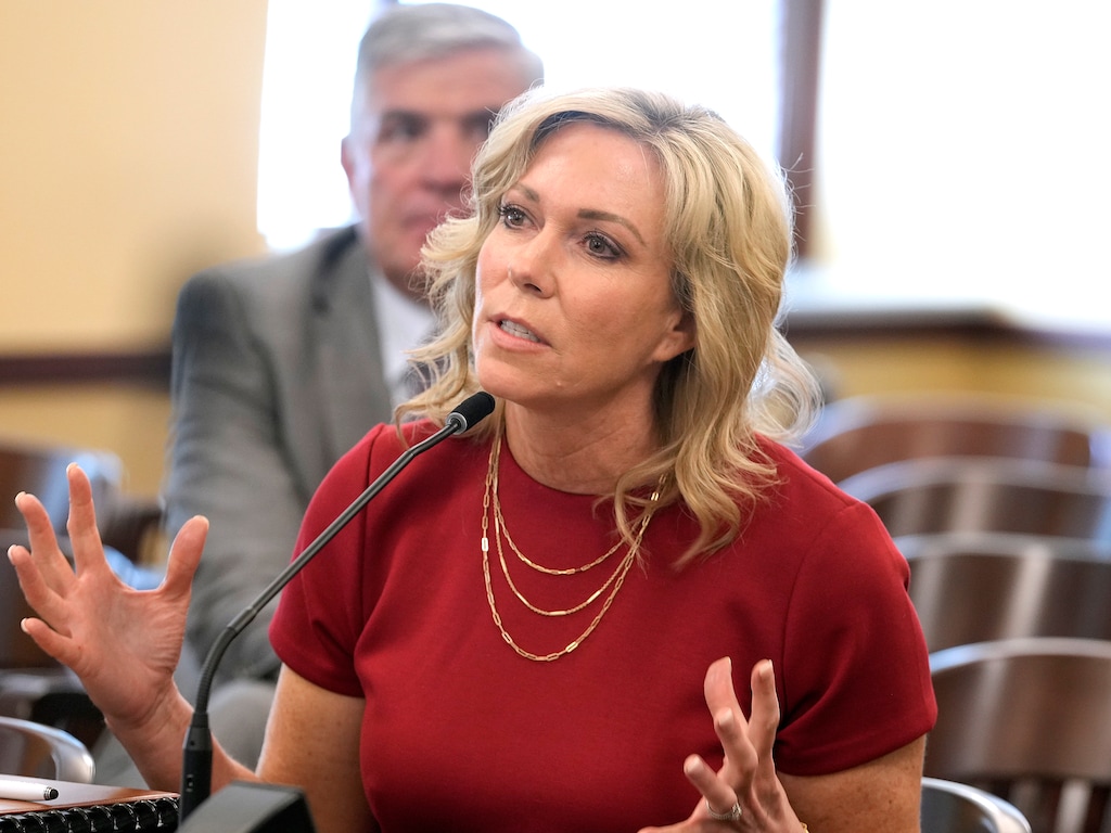 (Leah Hogsten | The Salt Lake Tribune) Amanda Covington, one of nine nominees to the Utah Board of Higher Education, makes her presentation before the Utah Senate Education Confirmation Committee, Monday, June 5, 2023  at the Capitol.