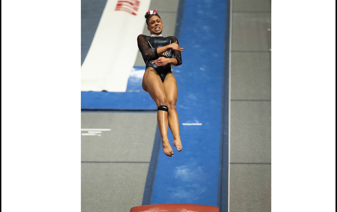 (Francisco Kjolseth  | The Salt Lake Tribune) Jaedyn Rucker launches off the vault in PAC-12 gymnastics action Utah vs UCLA, at the Huntsman Center on Friday, Feb. 19, 2021.