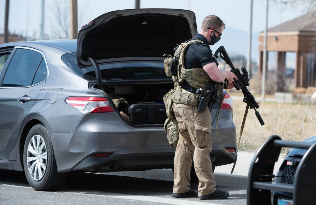 (Francisco Kjolseth  | The Salt Lake Tribune) Numerous police agencies respond to a man driving erratically and claiming to have a gun and a bomb as a police chase ends on Center Street over Legacy Highway on Wednesday, March 17, 2021.