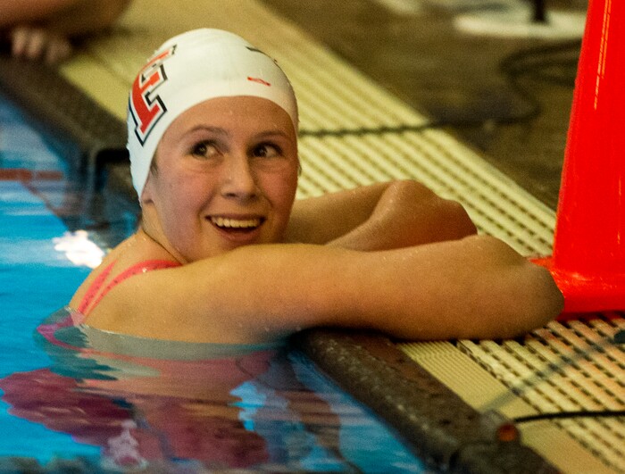 (Rick Egan  |  The Salt Lake Tribune)    American Fork Swimmer, Allie Hill, checks out her finish  time after her first place finish in the Women's 500 Yard Freestyle, in 6A State Swimming Championships in Bountiful, Friday, February 9, 2018.