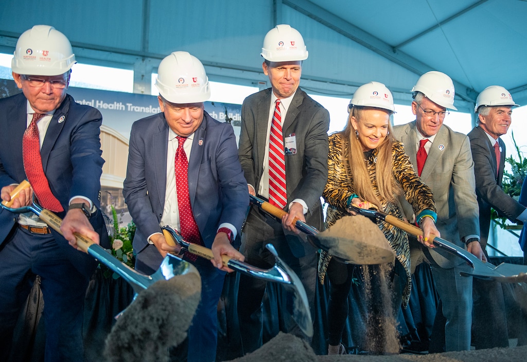 (Chris Samuels | The Salt Lake Tribune) Dignitaries perform a groundbreaking ceremony for the Utah Mental Health Translational Research Building, part of the Huntsman Mental Health Institute at the University of Utah in Salt Lake City, Monday, Oct. 2, 2023.