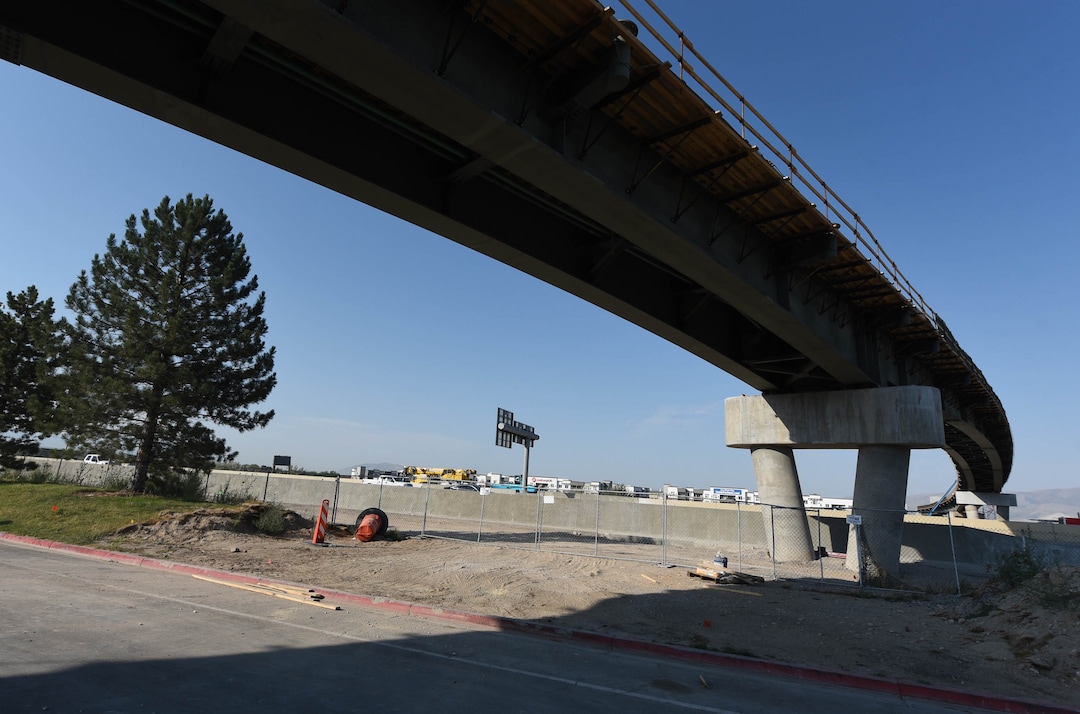 (Francisco Kjolseth  |  The Salt Lake Tribune) UDOT gives a tour of the state’s new longest pedestrian bridge on Thursday, August 20, 2020, connecting Utah Valley University in Orem to student housing and the community on the West side of I-15. Crews are finishing up an extensive hydronic heating system that will pump warm water to keep the bridge clear of snow in the winters, as it gets ready to pour concrete for the walking surface. UDOT will close I-15 in both directions this weekend for work on the nearly 1,000 foot bridge that is 15 feet wide to accommodate pedestrians, cyclists and scooters. Elevators and stairs with small ramps to push up bicycles will be on each side of the bridge.