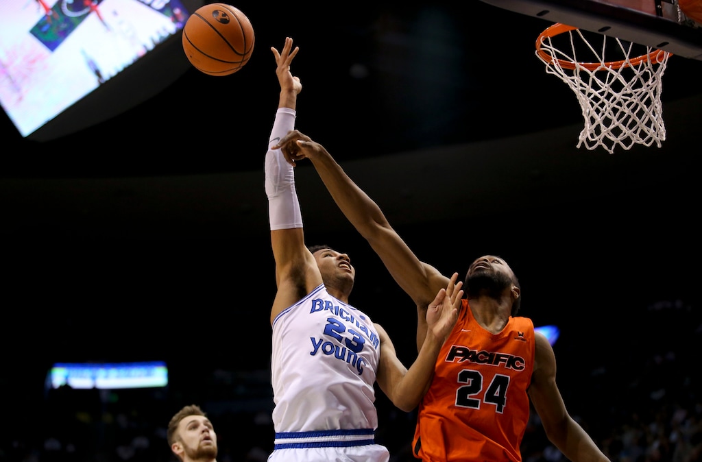 Pacific Tigers center Namdi Okonkwo (24) blocks BYU forward Yoeli Childs (23) during an NCAA college basketball game Saturday, Jan. 27, 2018, in Provo, Utah. (Isaac Hale/The Daily Herald via AP)