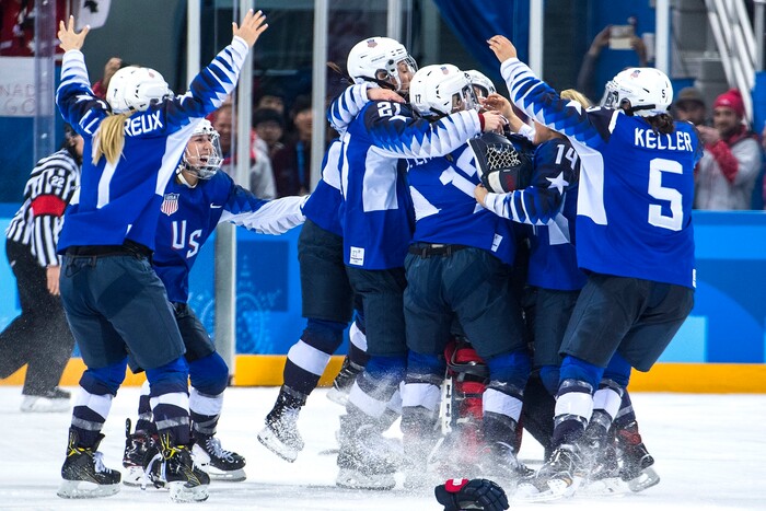 (Chris Detrick  |  The Salt Lake Tribune) Members of team USA celebrate after winning the Women's Gold Medal Game at Gangneung Hockey Centre during the Pyeongchang 2018 Winter Olympics Thursday, Feb. 22, 2018. United States defeated Canada 3-2 in a shootout victory. 