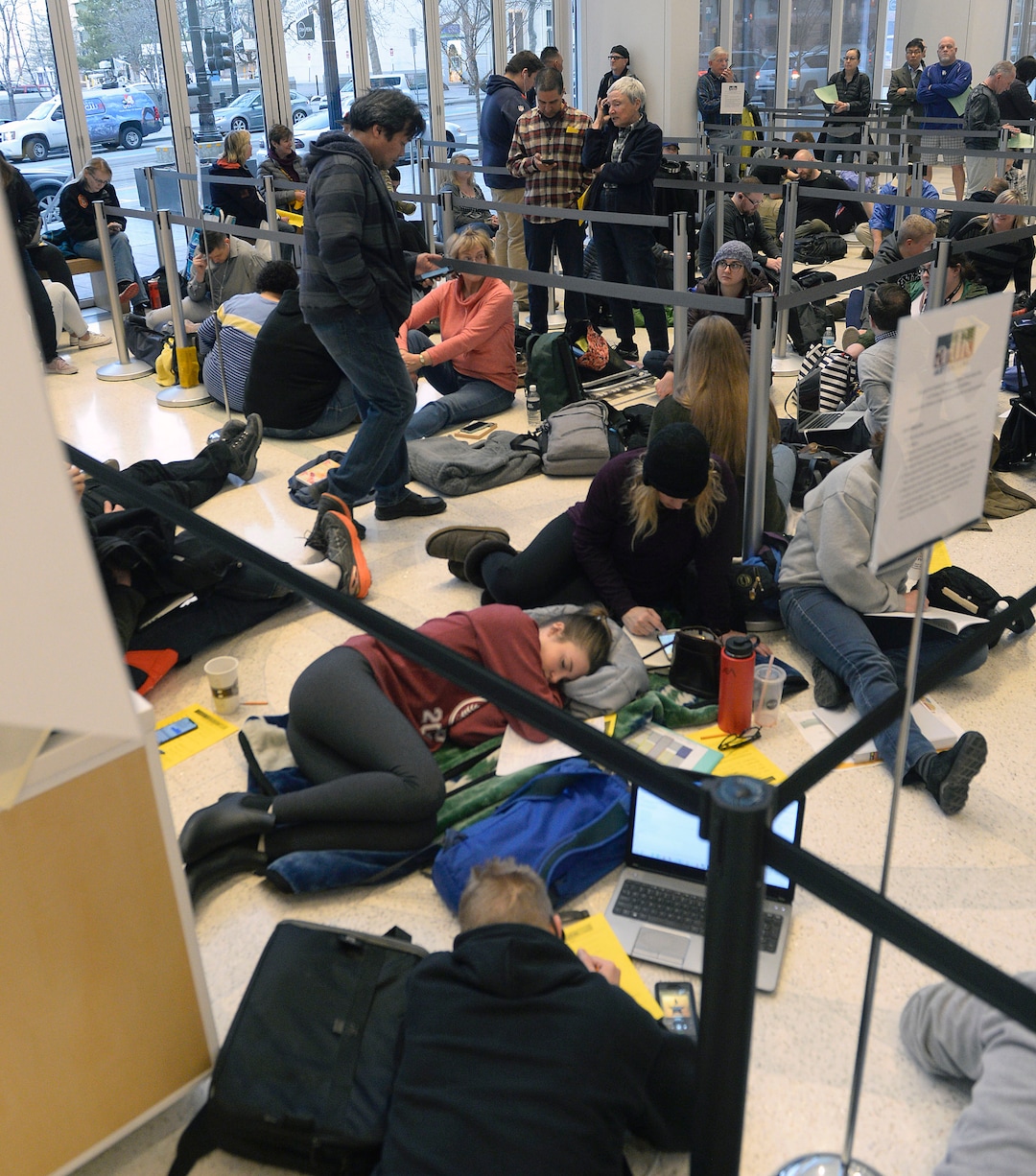 (Al Hartmann  |  The Salt Lake Tribune) 	About 150 people wait in the lobby of the Eccles Theater at 7:30 a.m. Feb. 9 to buy tickets for the upcoming production of "Hamilton".  