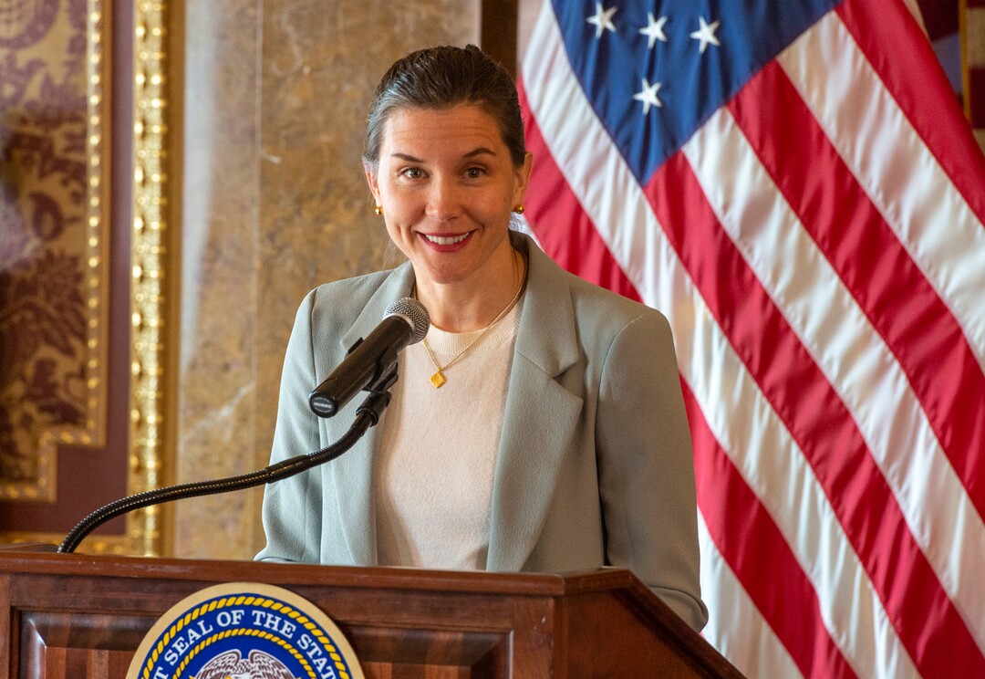 (Rick Egan  |  The Salt Lake Tribune)       Salt Lake City Mayor Erin Mendenhall says a few words, during a news conference announcing Utah's next steps towards an Olympic and Paralympic Winter Games, at the Utah State Capitol, Wednesday, Feb. 12, 2020.