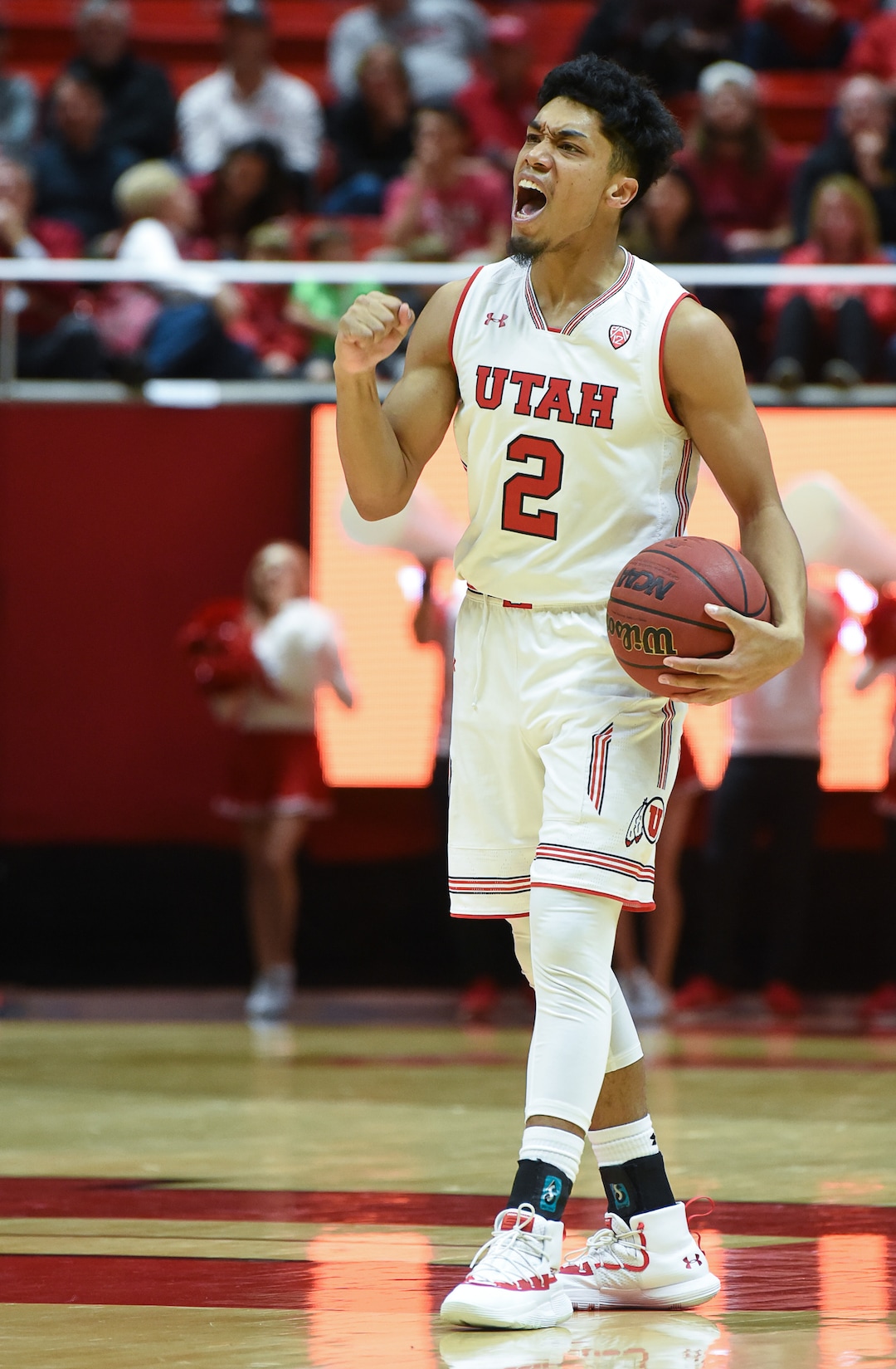 (Francisco Kjolseth  |  The Salt Lake Tribune)  Utah Utes guard Sedrick Barefield (2) celebrates a shot against Northern Arizona in Men's Basketball at the Jon M Huntsman Center in Salt Lake City, Utah, on Friday, Dec. 21, 2018.