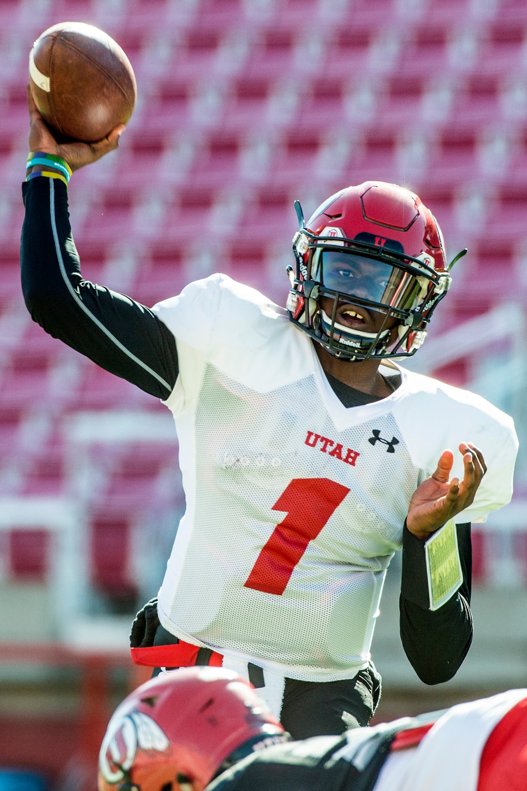 Chris Detrick  |  The Salt Lake TribuneUtah Utes quarterback Tyler Huntley (1) passes the ball during a practice at Rice-Eccles Stadium  Tuesday April 5, 2016. 