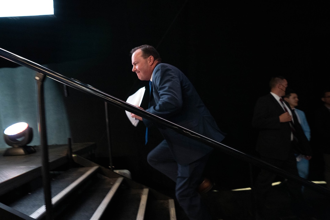 (Francisco Kjolseth | The Salt Lake Tribune) Sen. Mike Lee runs on to the stage to address delegates attend the Utah Republican Party’s 2021 Organizing Convention at the Maverik Center in West Valley City on Saturday, May 1, 2021, as they return to an in-person format after the pandemic forced the nominating convention to go online last year.
