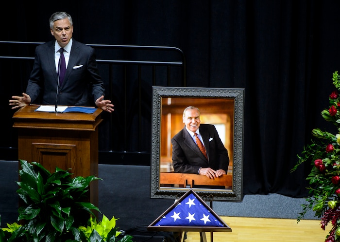 (Steve Griffin  |  The Salt Lake Tribune)  Jon Huntsman Jr. speaks about his father's legacy during funeral services for Jon Huntsman Sr. at the Huntsman Center on the University of Utah campus in Salt Lake City Saturday February 10, 2018.
