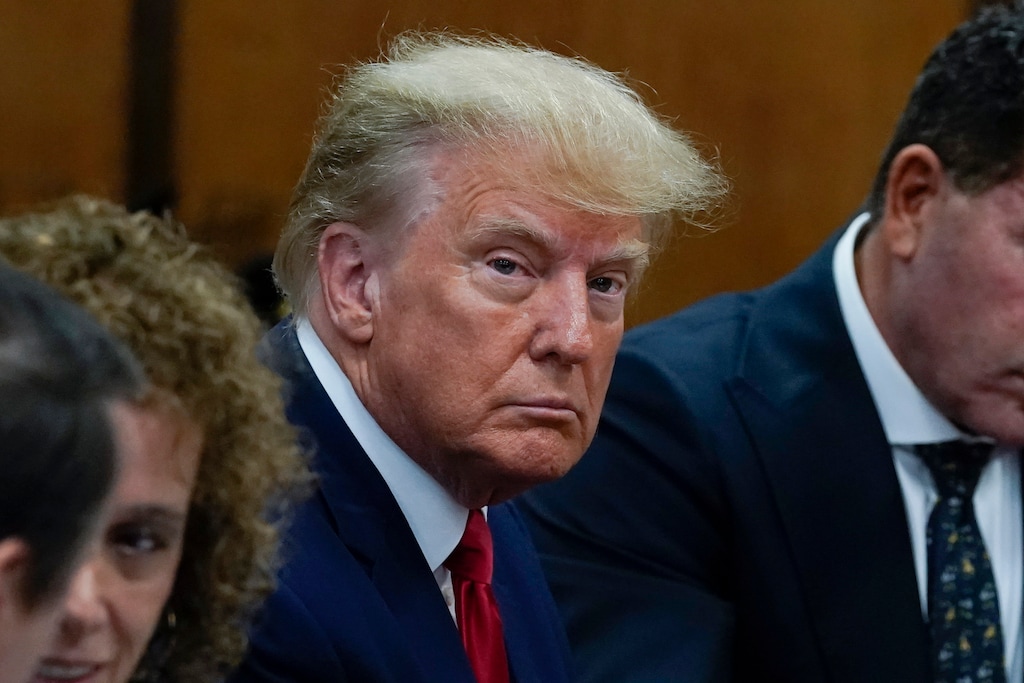 Former President Donald Trump appears in court for his arraignment, Tuesday, April 4, 2023, in New York. (Timothy A. Clary/Pool Photo via AP)