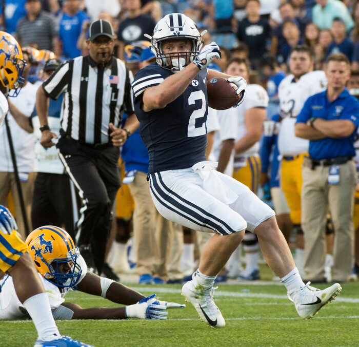 (Rick Egan  |  The Salt Lake Tribune)    Brigham Young running back Matt Hadley (2) runs the ball for the Cougars, in football action Brigham Young Cougars vs McNeese State Cowboys at Lavell Edwards Stadium, Saturday, Sept. 22, 2018.


