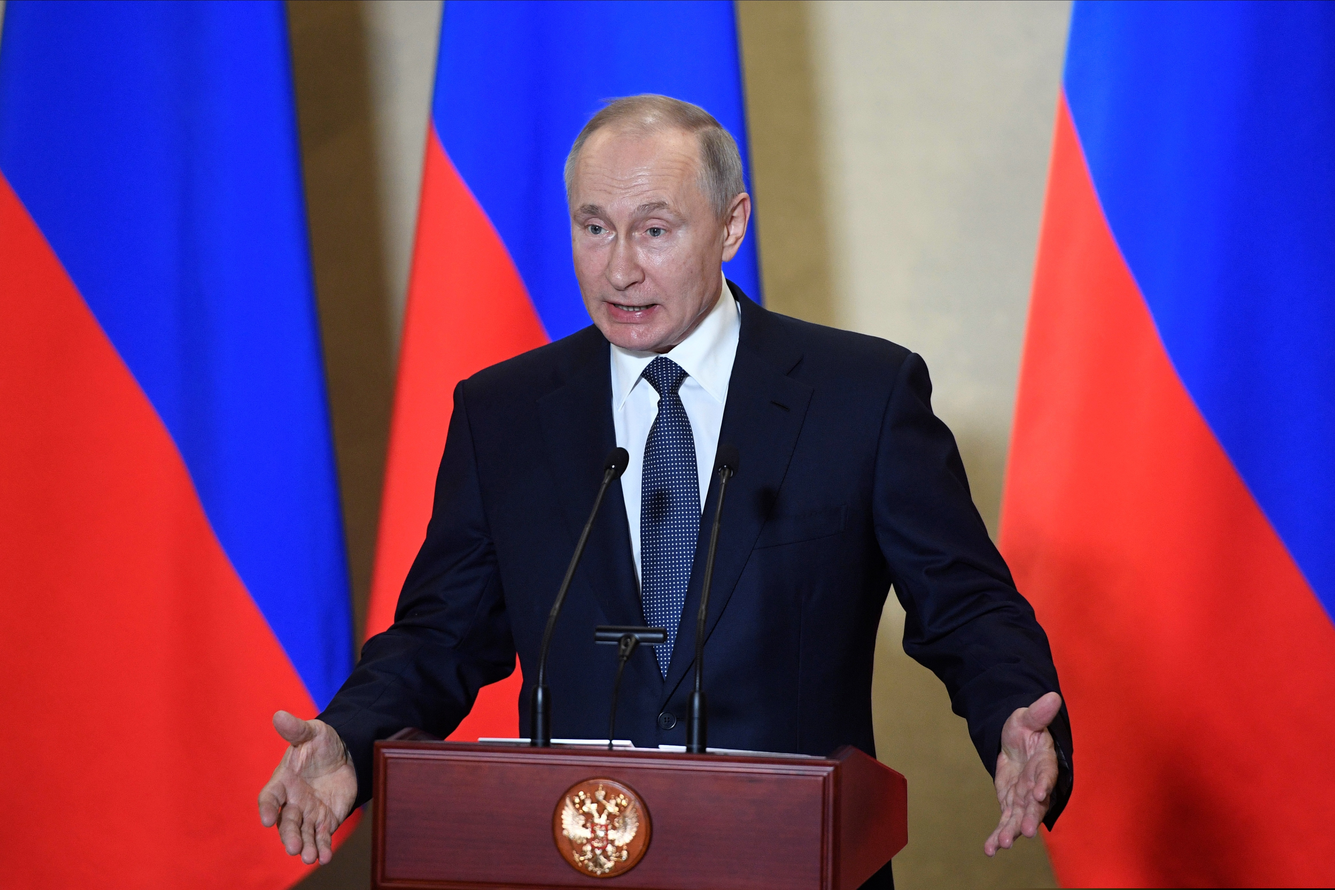 (Alexander Nemenov, Pool via AP)

Russian President Vladimir Putin gestures while speaking during an awards ceremony for those who led the construction of the 19 kilometers (12 miles) road and rail Crimean Bridge which is intended to facilitate links with Crimea, which Russia annexed from Ukraine in 2014, in Sevastopol, Crimea, Wednesday, March 18, 2020. Putin traveled to Crimea on a trip marking the anniversary of its annexation from Ukraine in 2014.