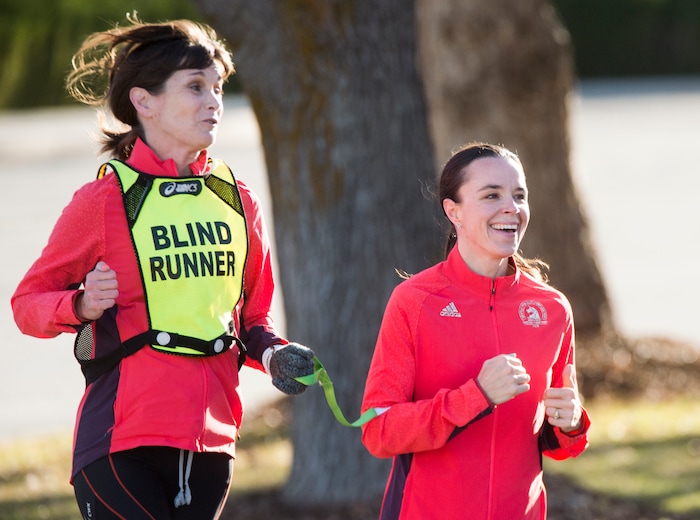 (Rick Egan  |  The Salt Lake Tribune)  Becky Andrews and Alanna Whetsel train for the Boston Marathon by running along David Boulevard in Bountiful, Thursday, March 29, 2018.