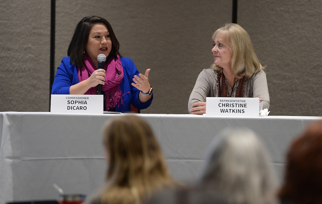 (Scott Sommerdorf   |  The Salt Lake Tribune)   
Commissioner Sophia DiCaro, left, and Rep. Christine Watkins - R, Price, speak at the panel discussion: Tales from the Trail at the Real Women Run training in campaign management, fundraising and research for political campaigns, Saturday, January 13, 2018.