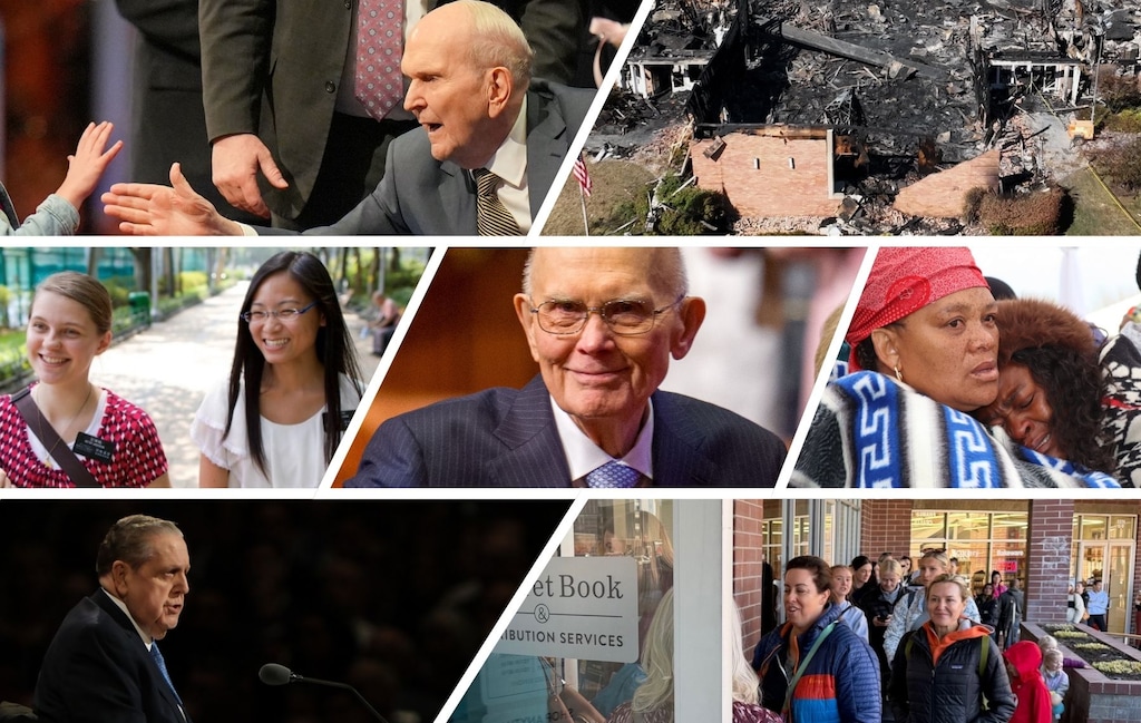 (The Salt Lake Tribune; AP; The Church of Jesus Christ of Latter-day Saints) A collection of people and moments that shaped 2025 for Latter-day Saints. Top row, from left: Russell M. Nelson; and an attack on a meetinghouse in Grand Blanc, Michigan. Middle, from left: newly created missions and a lower age for female missionaries; President Dallin H. Oaks; and a deadly bus crash in Lesotho. Bottom row, from left: Jeffrey R. Holland; and lining up to buy new sleeveless garments for faithful members.