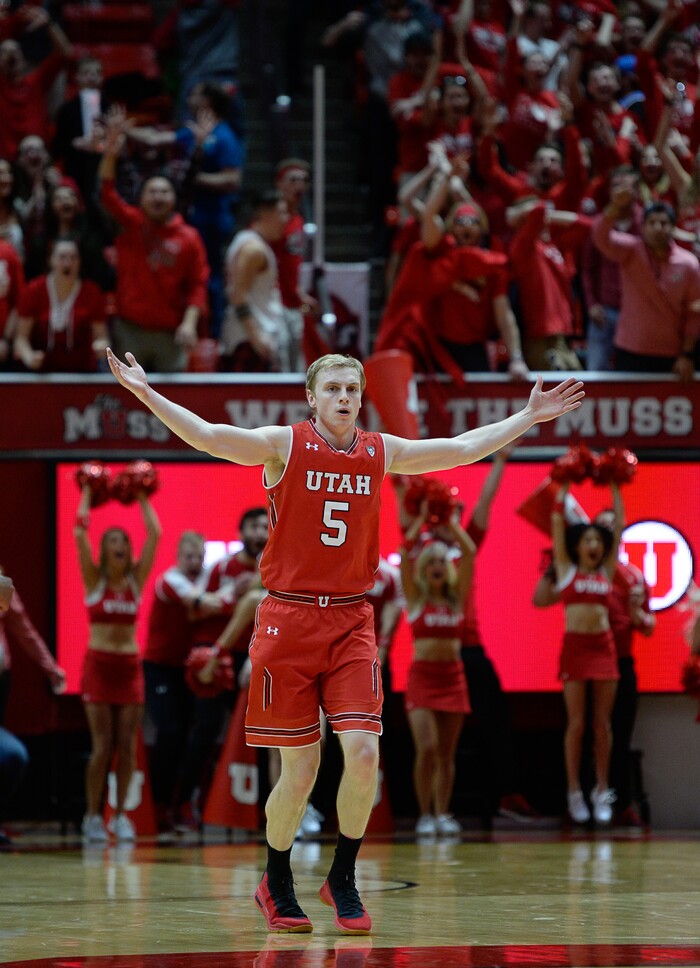 (Francisco Kjolseth  |  The Salt Lake Tribune)  Utah Utes guard Parker Van Dyke (5) celebrates his critical three pointer towards the end of the game as the University of Utah hosts UCLA in NCAA basketball at the Huntsman Center in Salt Lake City, Thursday, Feb. 22, 2018.