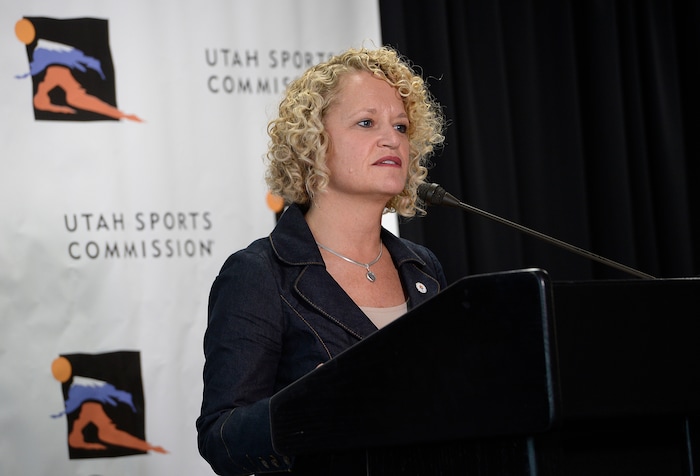 (Scott Sommerdorf | The Salt Lake Tribune)
Salt Lake City Mayor Jackie Biskupski speaks as members of the newly-announced Olympic/Paralympic Exploratory Committee (OEC) met with members of the media to outline their reasons for exploring the possibility of hosting a future Olympic Winter Games, Thursday, October 19, 2017.