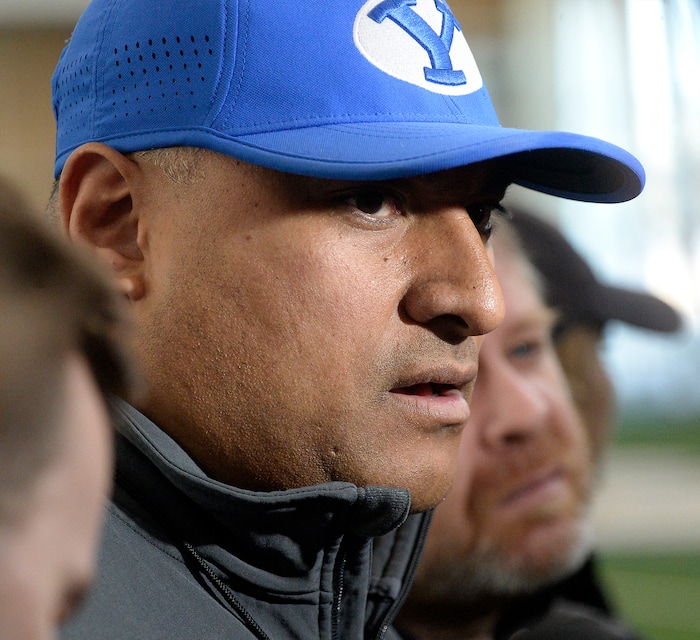 (Al Hartmann | The Salt Lake Tribune)
BYU opened spring football camp on Monday March 5 in the indoor playing facility. Head Coach Kalani Sitake speaks to the media after the first day's practice.