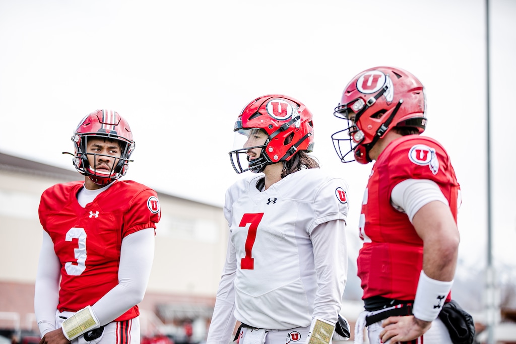(Utah Athletics) Utes quarterback Cam Rising, middle, has been the clear cut leader at Utah's spring practices. How far the Utes go in 2022 will rest on the quarterback's shoulders.
