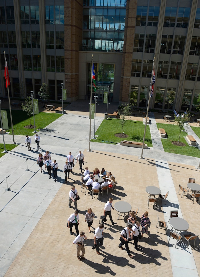 Al Hartmann  |  The Salt Lake TribuneMissionaries come and go on the plaza of the new building at the Missionary Training Center in Provo Wednesday July 26.  