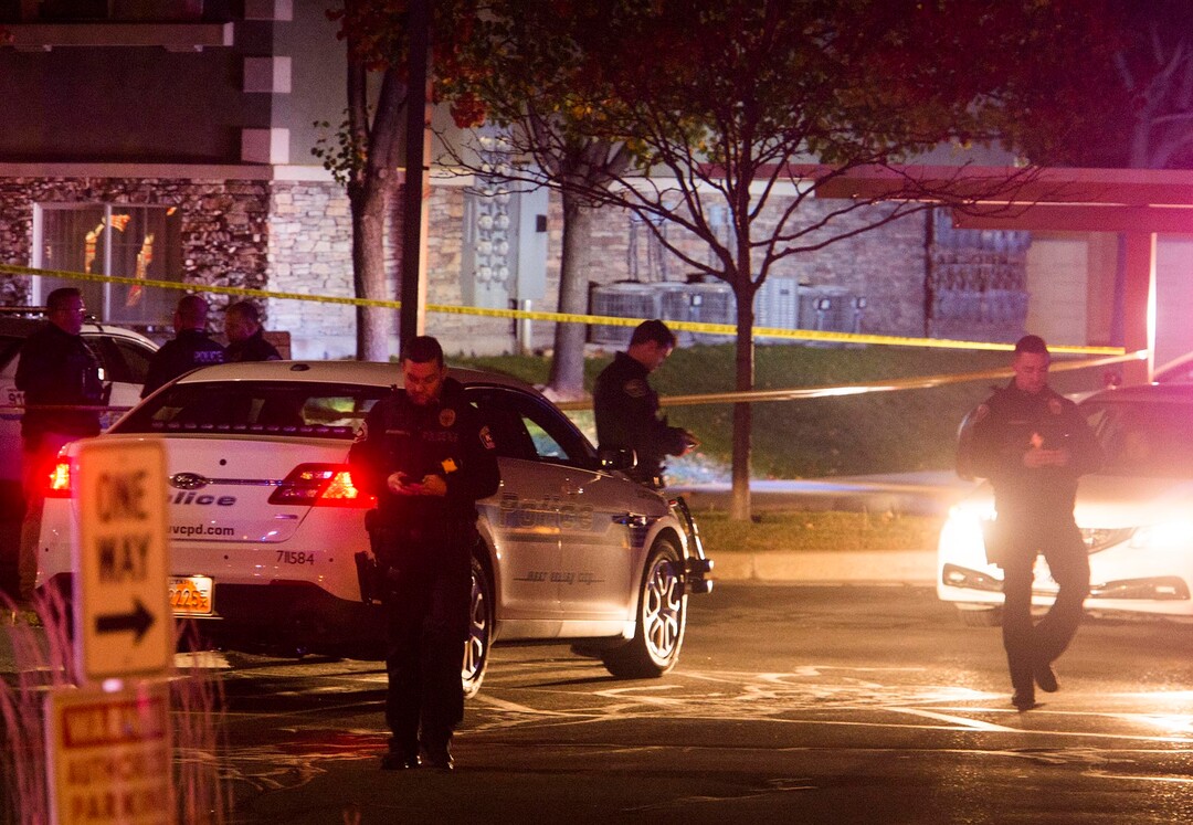 (Rick Egan  |  The Salt Lake Tribune)  Police investigate a shooting at the Village at Rivers Edge Apartment complex in West Valley, City, Tuesday, November 7, 2017.