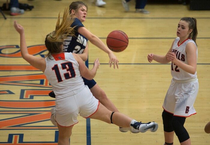 (Scott Sommerdorf   |  The Salt Lake Tribune)   Skyline's Kate Vorwaller tries to pass under pressure from Brighton's Aly Vyfinkel, left, during first half play. Skyline defeated Brighton 66-33, Friday, January 5, 2018.