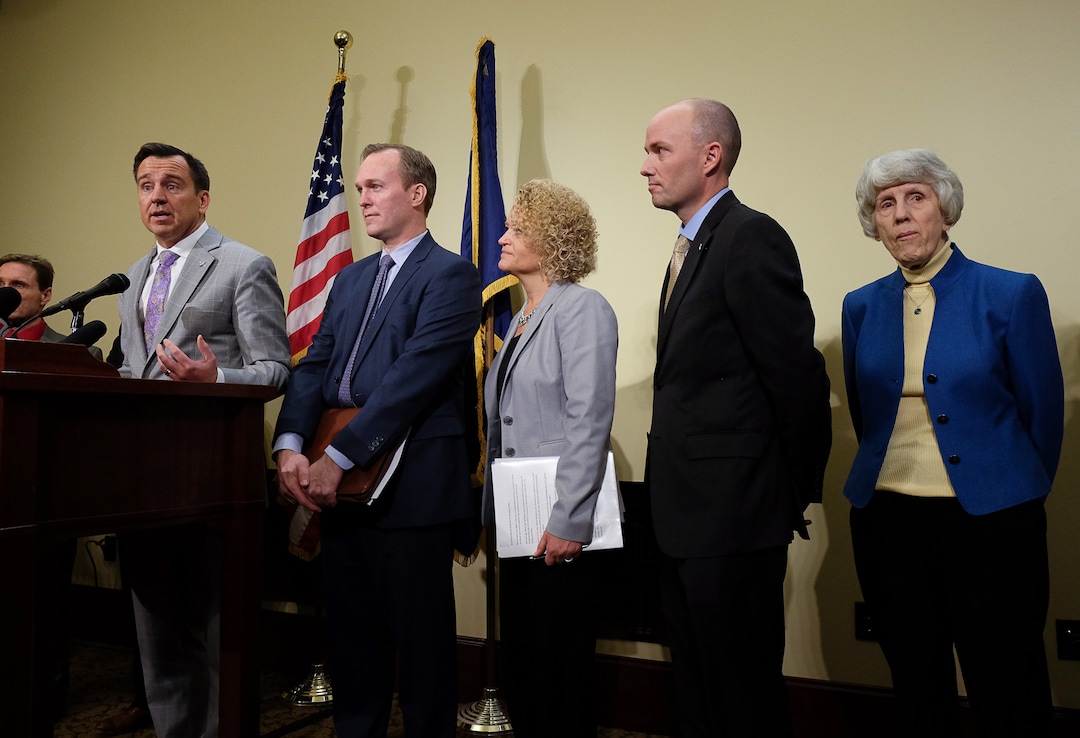 (Francisco Kjolseth | The Salt Lake Tribune) Pamela Atkinson, right, attends a news conference in Salt Lake City regarding homeless resource centers on Friday, Feb. 24, 2017.
