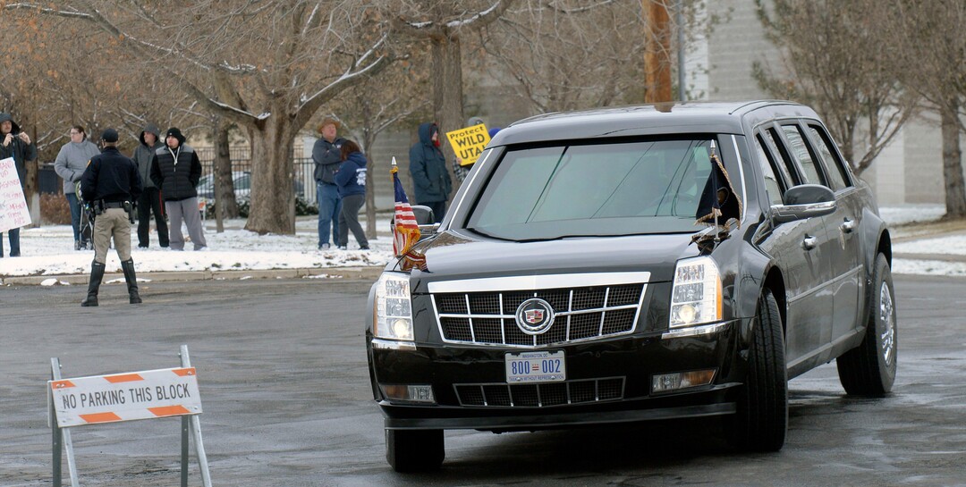 (Al Hartmann  |  The Salt Lake Tribune) 	Presidential motorcade turns into to LDS Welfare Square.  President Trump toured the facility with church leaders Monday Dec 4. 