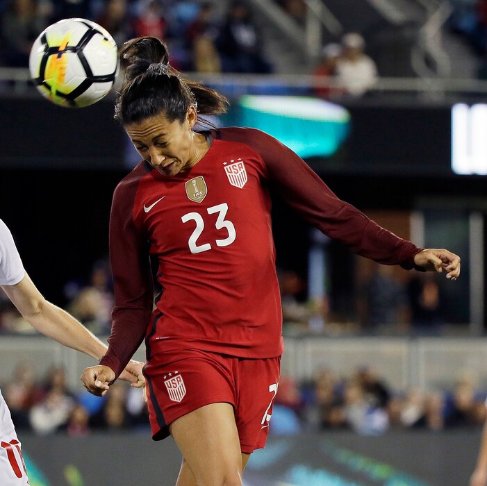 FILE - In this Nov. 12, 2017, file photo, United States forward Christen Press (23) heads the ball against Canada during the first half of an international friendly women's soccer match,  in San Jose, Calif. Sky Blue acquired Carli Lloyd in a draft-day trade on Thursday, Jan. 18, 2018, that also sent Christen Press to the Dash and Australian Sam Kerr to the Chicago Red Stars. (AP Photo/Eric Risberg, File)