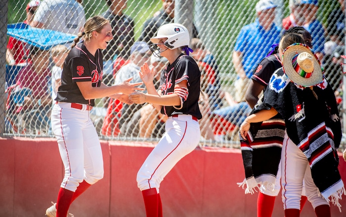 (Isaac Hale | Special to The Tribune) Spanish Fork pitcher Avery Sapp (5) celebrates her home run during the second game of a best-of-three series between the Spanish Fork Lady Dons and the Mountain Ridge Sentinels as part of the 5A state softball championship held at the Spanish Fork Sports Park on Friday, May 28, 2021.