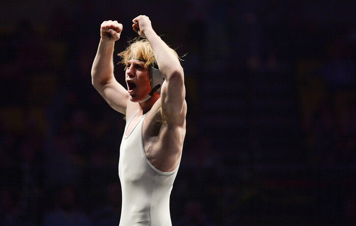 (Francisco Kjolseth  |  The Salt Lake Tribune)  Kegan Leatherow of Fremont celebrates his win in the Class 6A 120 state wrestling championship match at the Utah Valley University UCCU Center on Thursday, Feb. 8, 2018.