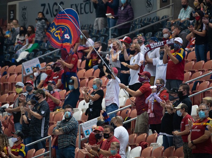 (Francisco Kjolseth  |  The Salt Lake Tribune) Fans celebrate the second goal by RSL as Real Salt Lake hosts L.A. Galaxy at Rio Tinto Stadium in Sandy on Wednesday, Sept. 23, 2020.
