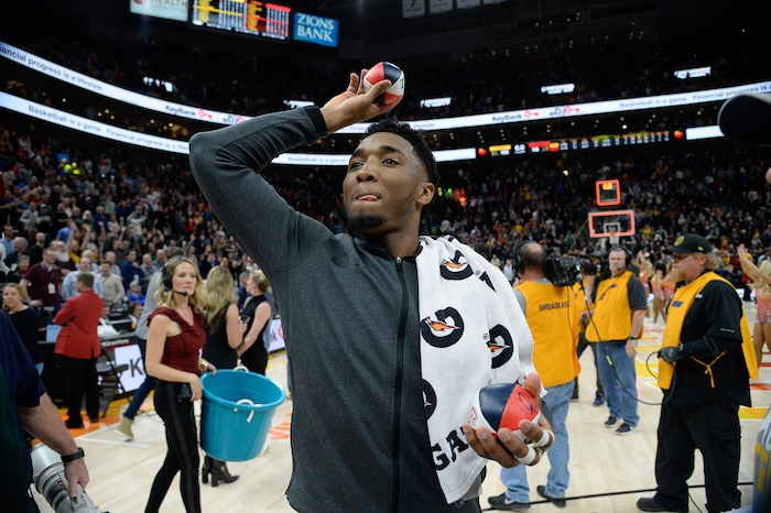 (Francisco Kjolseth  |  The Salt Lake Tribune)  Utah Jazz guard Donovan Mitchell (45) celebrates after their win over the Nuggets 118-108 following their NBA game at Vivint Smart Home Arena Tuesday, April 9, 2019, in Salt Lake City.