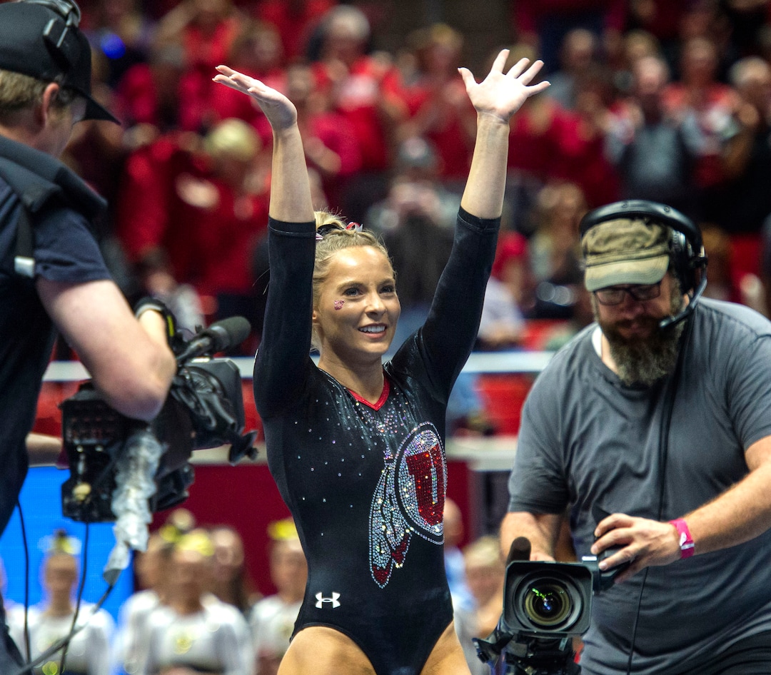 (Rick Egan  |  The Salt Lake Tribune)  MyKayla Skinner waves to the crowd after receiving a 10 on the floor for the Utes, in Gymnastics action at the Jon M. Huntsman Center, Saturday, March 2, 2019.