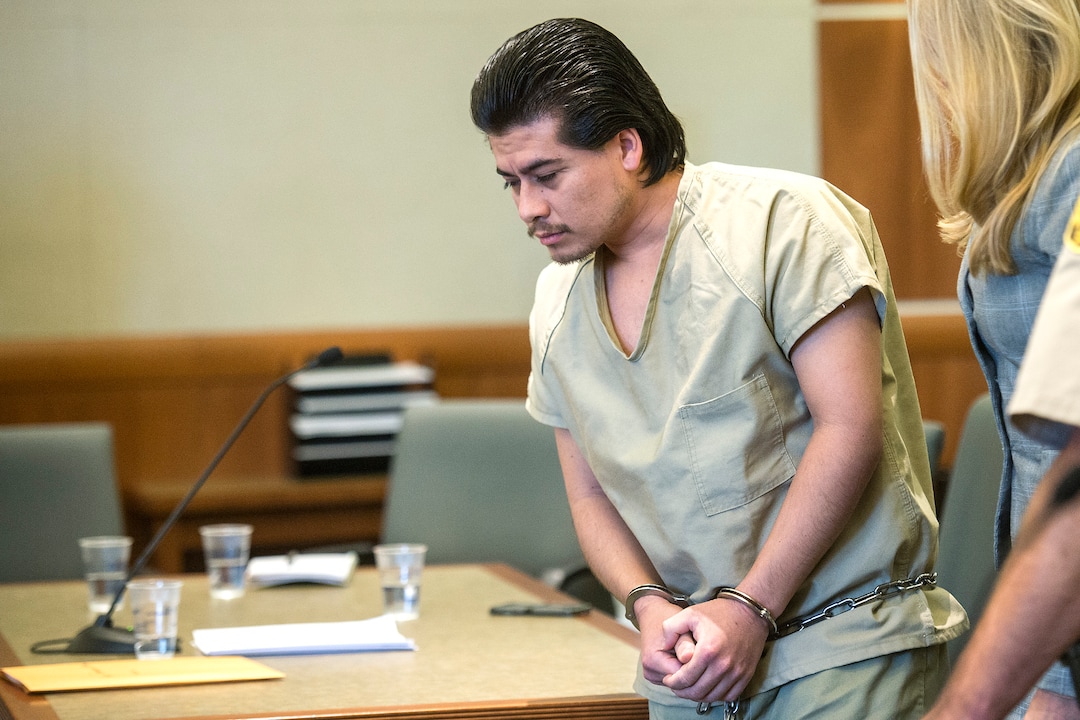 (Chris Detrick  |  The Salt Lake Tribune)   Mario Cervantes-Angel during his sentencing at the West Jordan Courthouse Tuesday, September 19, 2017. Mario Cervantes-Angel, 29, pleaded guilty Tuesday to two counts of first-degree felony aggravated murder for the July 6, 2016 shooting deaths of 15-year-old Abril Izazaga and her brother, 16-year-old Jose Izazaga, outside of a Salt Lake County apartment complex.