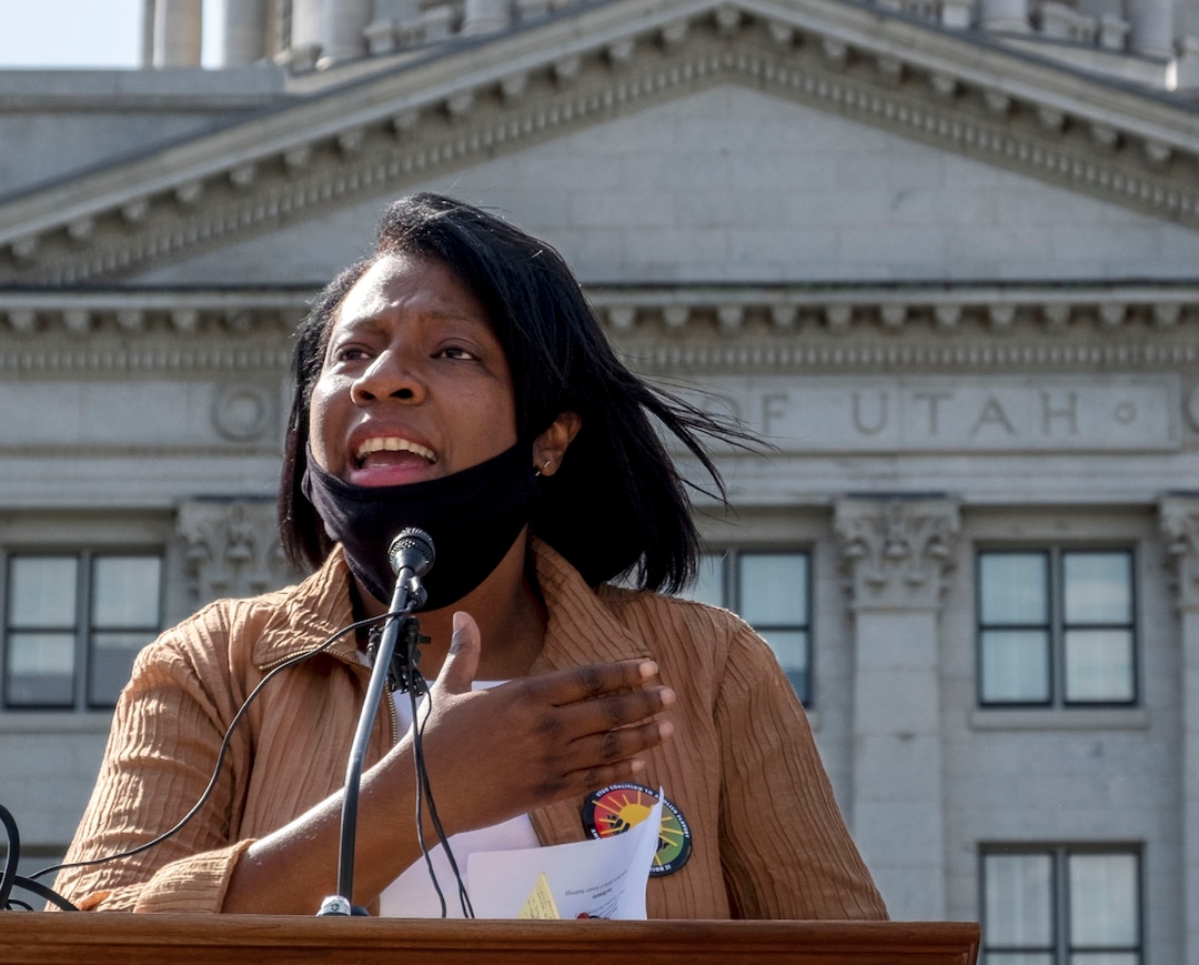 (Leah Hogsten  |  The Salt Lake Tribune) "This is about righting a wrong," said Rep. Sandra Hollins, D-Salt Lake City, who persuaded lawmakers to unanimously approve putting Amendment C on the ballot. The Utah Coalition to Abolish Slavery kicked off its campaign for Amendment C to remove old wording in the state constitution that they say still allows slavery as a punishment for crime.