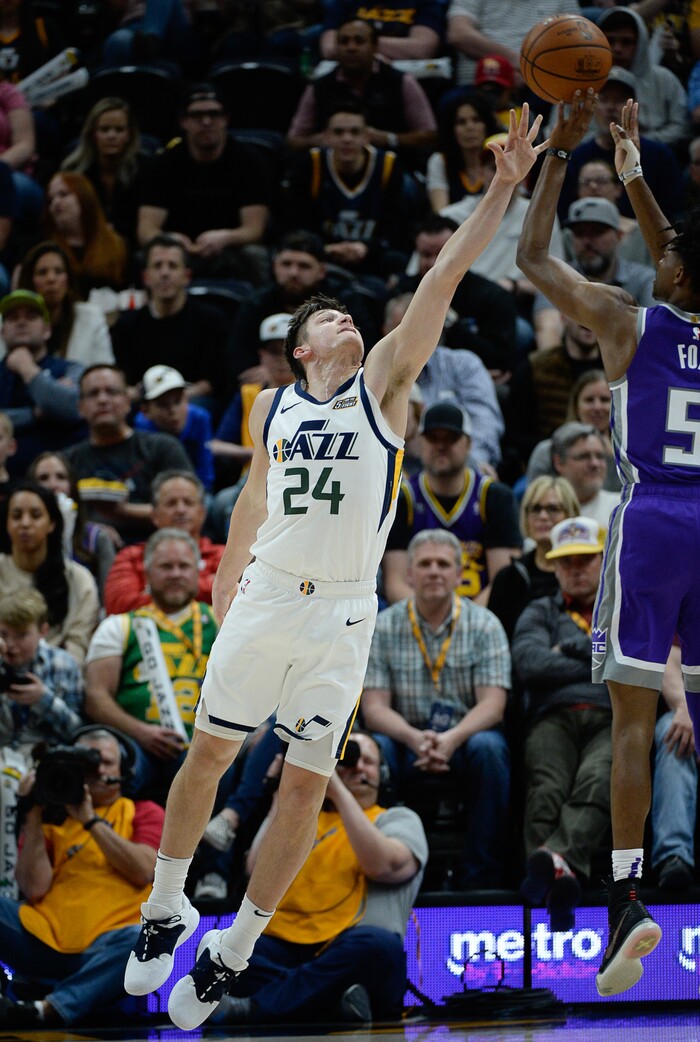 (Francisco Kjolseth  |  The Salt Lake Tribune)  Utah Jazz guard Grayson Allen (24) stretches out to block Sacramento Kings guard De'Aaron Fox (5) as the Utah Jazz host the Sacramento Kings in their NBA game at Vivint Smart Home Arena Friday, April 5, 2019, in Salt Lake City.