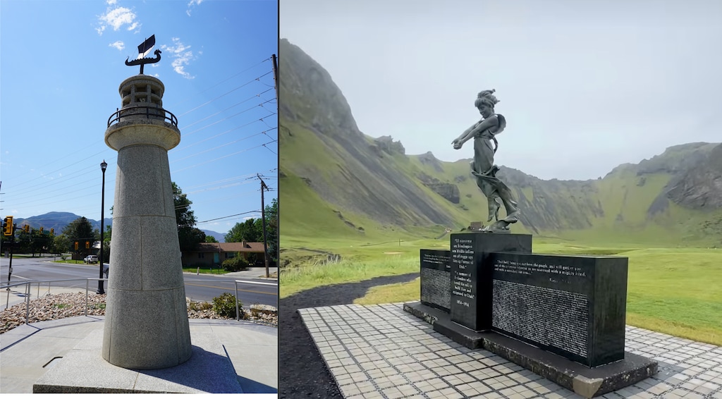 (Dylan Eubank | The Salt Lake Tribune and Josh Smith) The lighthouse sculpture at the Icelandic memorial in Spanish Fork, left, and the Mormon Pond monument, right, honor 410 Islander Latter-day Saints who immigrated to Utah in the 19th century.