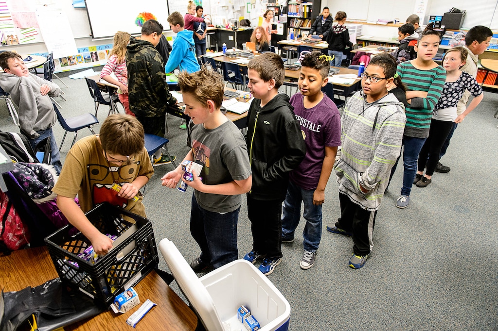 (Trent Nelson | Tribune file photo) Students at Copperview Elementary in Midvale line up for breakfast at the start of class, March 3, 2015. Jordan School District has started a pilot program at Copperview Elementary school where breakfast is served during class, rather than before school, so that kids who can't make it to school early don't have to be hungry during the day.
