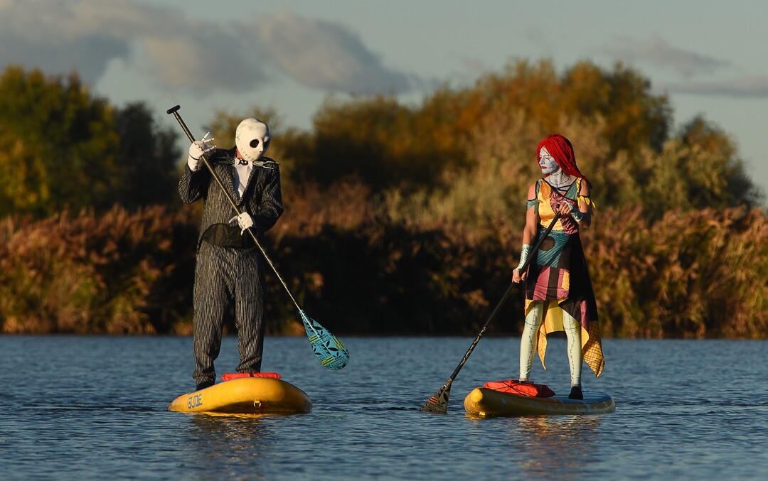 (Francisco Kjolseth  |  The Salt Lake Tribune)  Stand up paddle board enthusiasts Chris Knoles and Roxy Christensen take to the water at Bountiful Pond on Tuesday, Oct. 30, 2018, in what has become a Halloween tradition for the 4th year in a row as they dress up this year as Jack and Sally Skellington from the movie Nightmare Before Christmas. "We paddle year round but actually paddle more in the winter," exclaimed Knoles, who carry the tradition on at Christmas, dressing up in something festive and paddling on the Great Salt Lake where the high salinity usually keeps the water from freezing.
