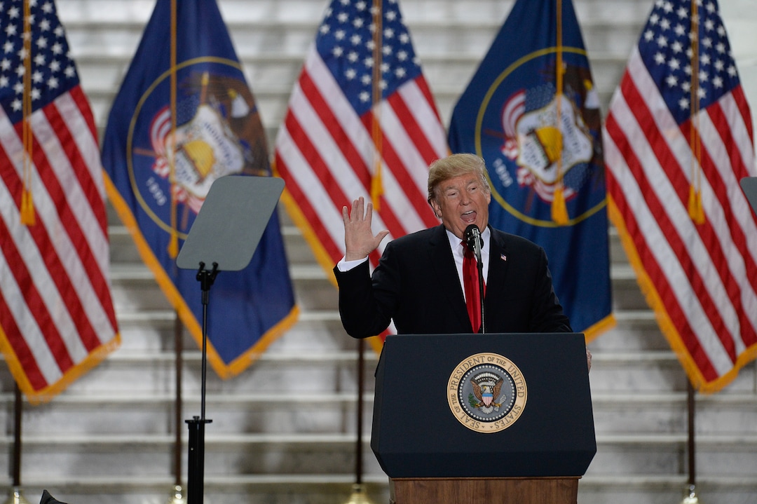 (Francisco Kjolseth  |  The Salt Lake Tribune)  U.S. President Donald Trump takes the stage at the Utah Capitol on Monday, Dec. 4, 2017, to sign a presidential proclamation to shrink Bears Ears and Grand Staircase-Escalante national monuments.