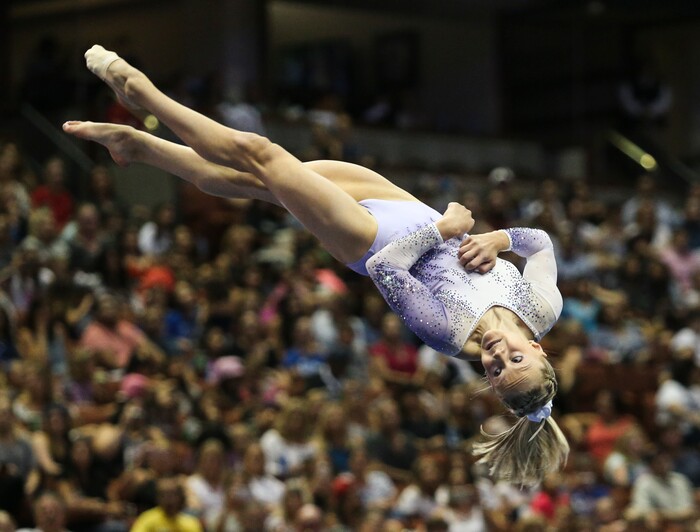 Riley McCusker competes in the floor exercise during the women's U.S. gymnastics championships, Sunday, Aug. 20, 2017, in Anaheim, Calif. (AP Photo/Ringo H.W. Chiu)