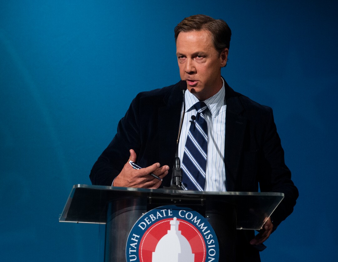 (Rick Egan  |  The Salt Lake Tribune)   Kael Weston (D), speaks during the 2nd Congressional District debate between J. Robert Latham (L), Chris Stewart (R) and Kael Weston (D), at KSL Studio in Salt Lake City, on Monday, October 19, 2020