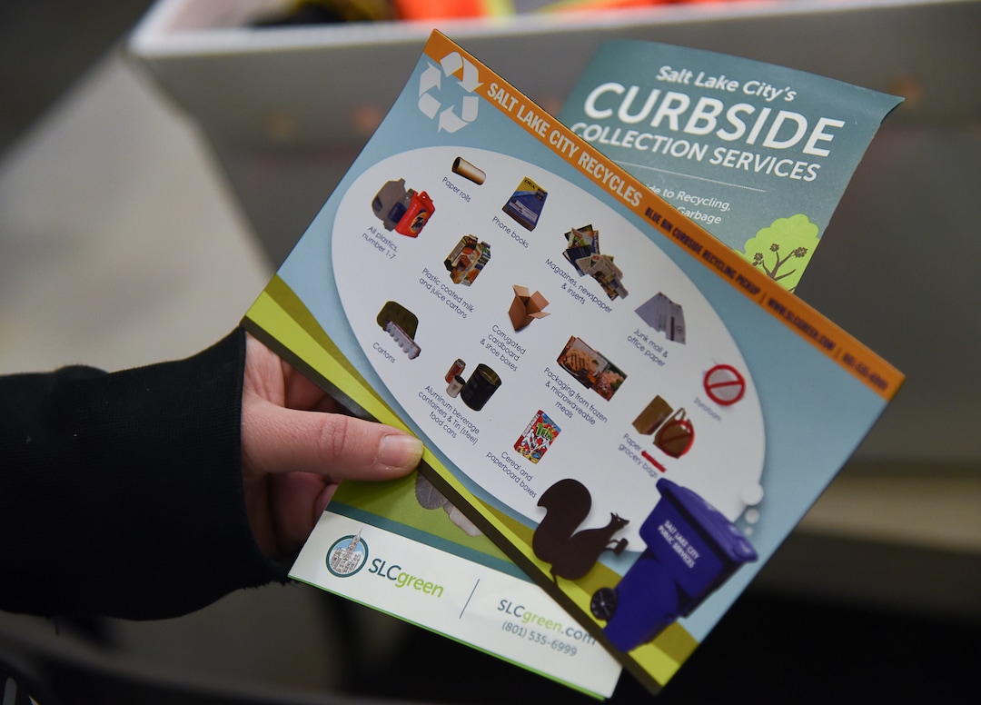 (Francisco Kjolseth  |  The Salt Lake Tribune)  Flyers illustrate the items that can be recycled by Salt Lake City Corporation, although in the past year plastic bags and styrofoam are no longer accepted. 